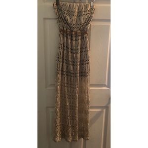 Tan Lace Strapless Maxi Dress